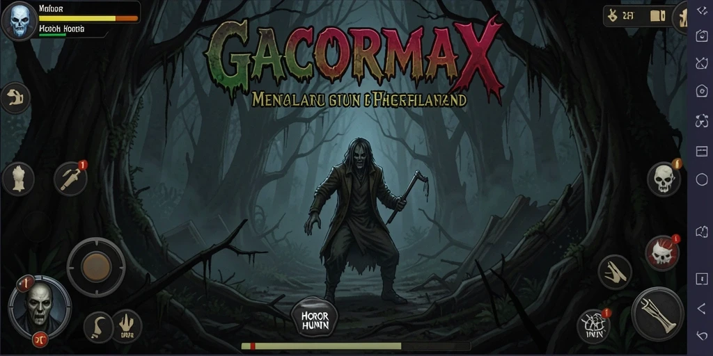 Tampilan antarmuka GACORMAX dengan suasana horor hutan yang mencekam.
